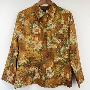 Silkland size Large Women’s Brown Silk Tropical Leopard Tiger Big Cats Shirt